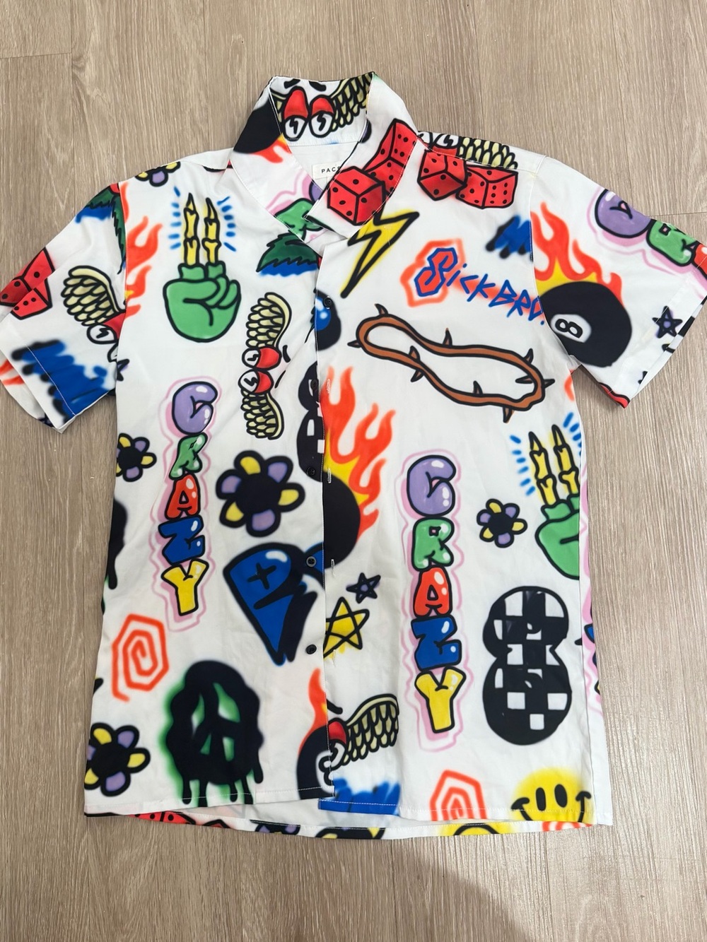 PacSun White Button-Up Shirt with Multicolor Pop Graphic 

#157